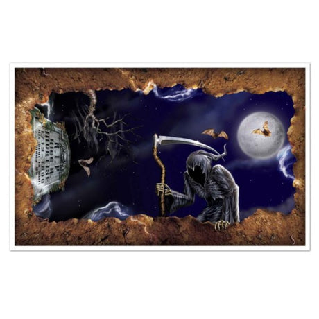 Beistle Open Grave Insta-View backdrop, 98cm x 159cm, features a lifelike graveyard design for Halloween decorations.