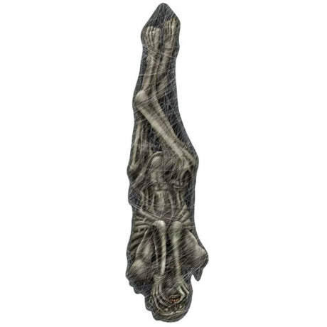 Life-sized jointed cocoon corpse prop, perfect for spooky Halloween displays, measuring 180cm for versatile positioning.