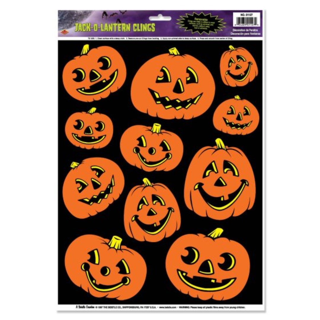 Pack of 11 vibrant jack-o-lantern window clings for festive Halloween decorations, easily removable and repositionable.