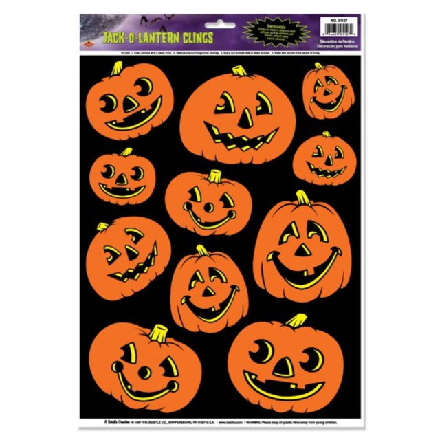 Pack of 11 vibrant jack-o-lantern window clings for festive Halloween decorations, easily removable and repositionable.