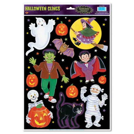 Pack of 12 colorful Halloween character clings, including ghosts and pumpkins, perfect for festive home decoration.