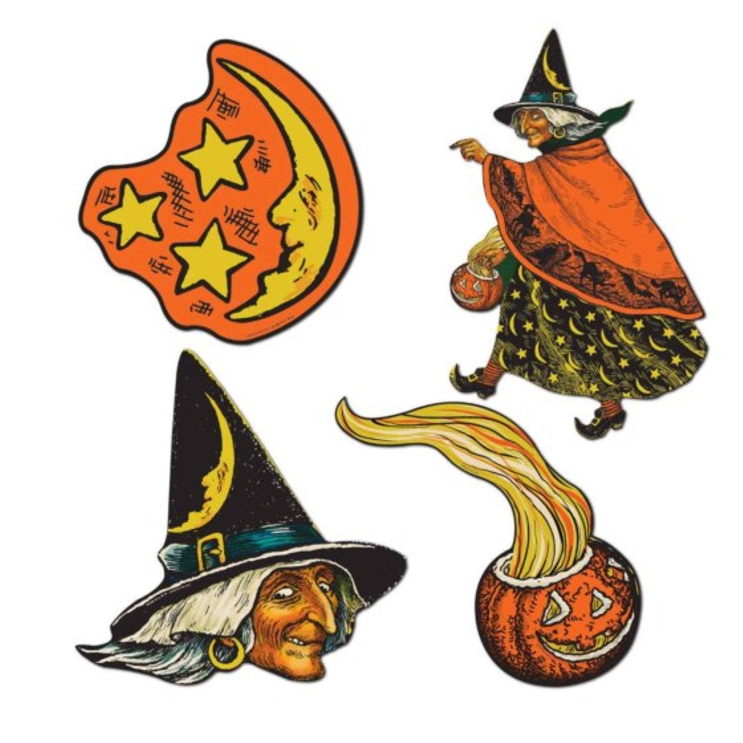 Colorful vintage Halloween cutouts in a pack of 4, featuring classic spooky designs, sized 17cm to 27cm.