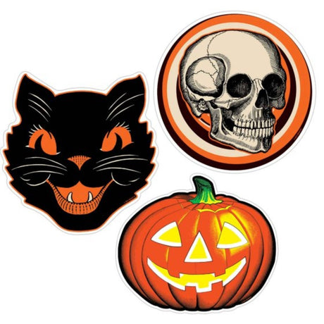 Pack of 3 vintage Halloween cutouts, 25-30cm, featuring charming classic designs for nostalgic decor.