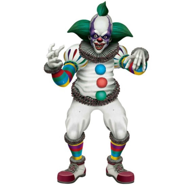 Jointed Creepy Clown decoration, 107 cm tall, vibrant colors, perfect for Halloween parties and haunted houses.