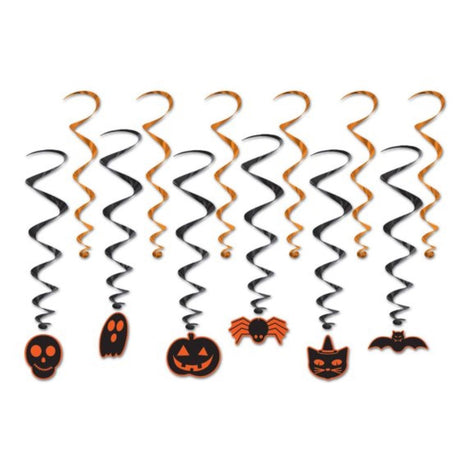 Colorful Beistle Halloween Whirls, 12-pack, perfect for spooky decor, ranging 45cm to 88cm for festive celebrations.