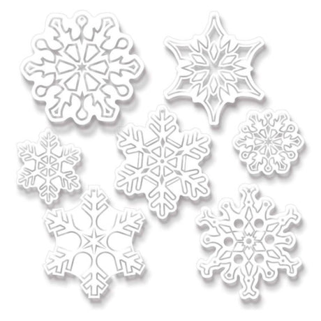 Pack of 7 Beistle clear plastic die-cut snowflakes, perfect for winter celebrations and versatile holiday decorating.