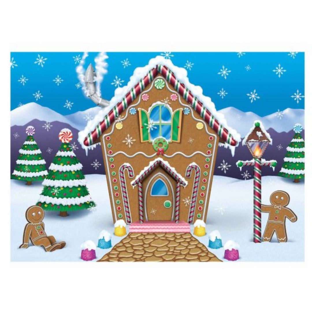 Colorful gingerbread house fabric backdrop, 152cm x 213cm, perfect for Christmas parties and holiday photos.