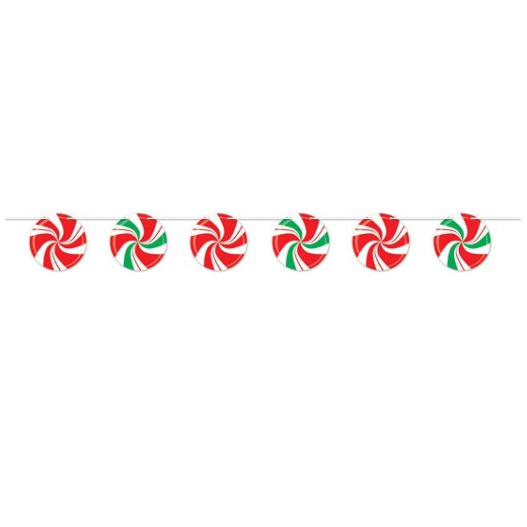 Beistle Peppermint Banner, 2.43m long, vibrant decoration for holiday gatherings, Christmas parties, and festive events.