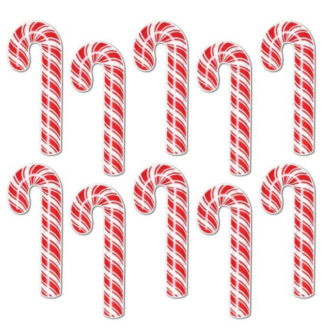 Pack of 10 vibrant mini candy cane cutouts, perfect for Christmas decorations and holiday celebrations.