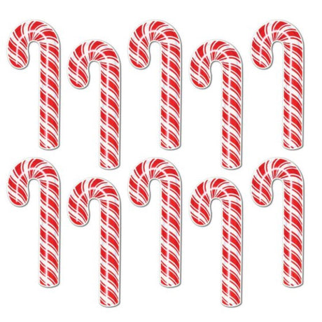 Pack of 10 vibrant mini candy cane cutouts, perfect for Christmas decorations and holiday celebrations.