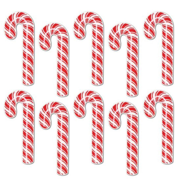 Pack of 10 vibrant mini candy cane cutouts, perfect for Christmas decorations and holiday celebrations.