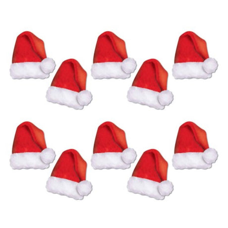 Pack of 10 mini Santa hat cutouts, 13cm, perfect for festive decorations and holiday celebrations.