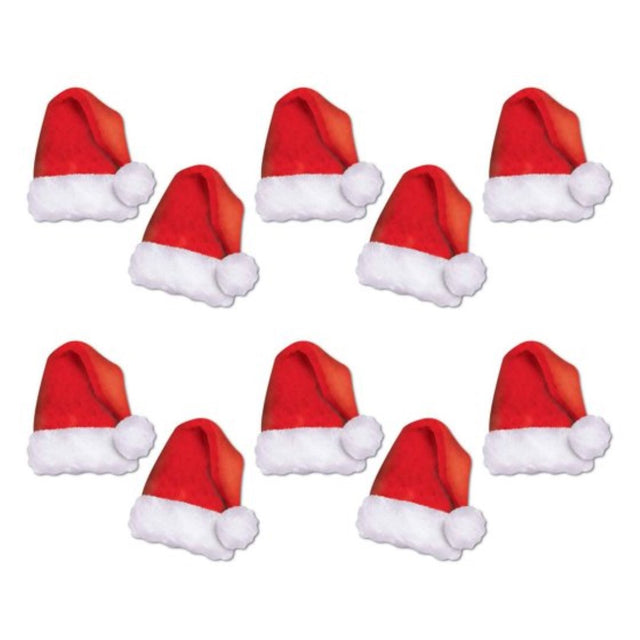 Pack of 10 mini Santa hat cutouts, 13cm, perfect for festive decorations and holiday celebrations.