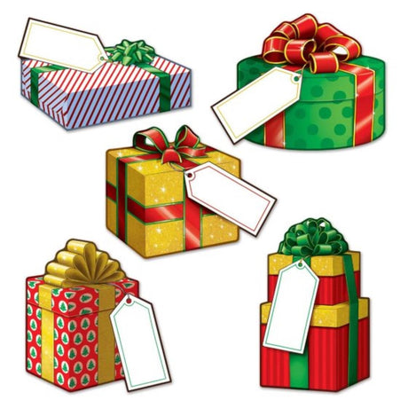 Pack of 10 Beistle Mini Christmas Gift Cutouts featuring Santa, trees, and snowflakes for festive decor.