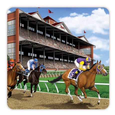 Set of 8 Beistle Horse Racing Coasters featuring vibrant designs, perfect for race day celebrations and protecting surfaces.