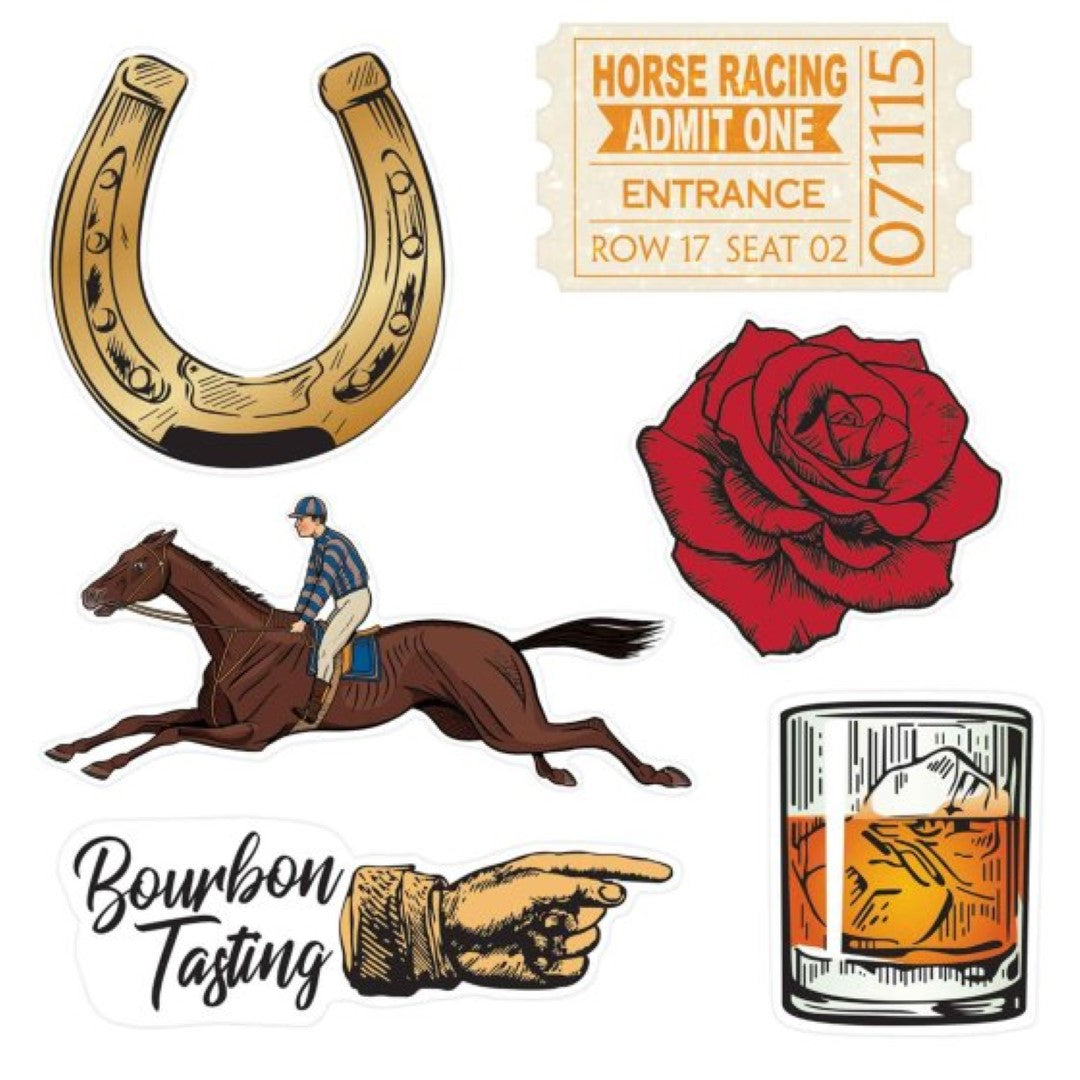 Vintage horse racing mini cutouts pack of 6, perfect for themed parties, vibrant designs measuring 8cm to 19cm.