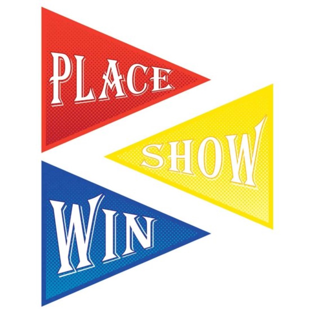 Colorful Beistle horse racing cutouts featuring 'Win, Place & Show' phrases, perfect for party decorations.