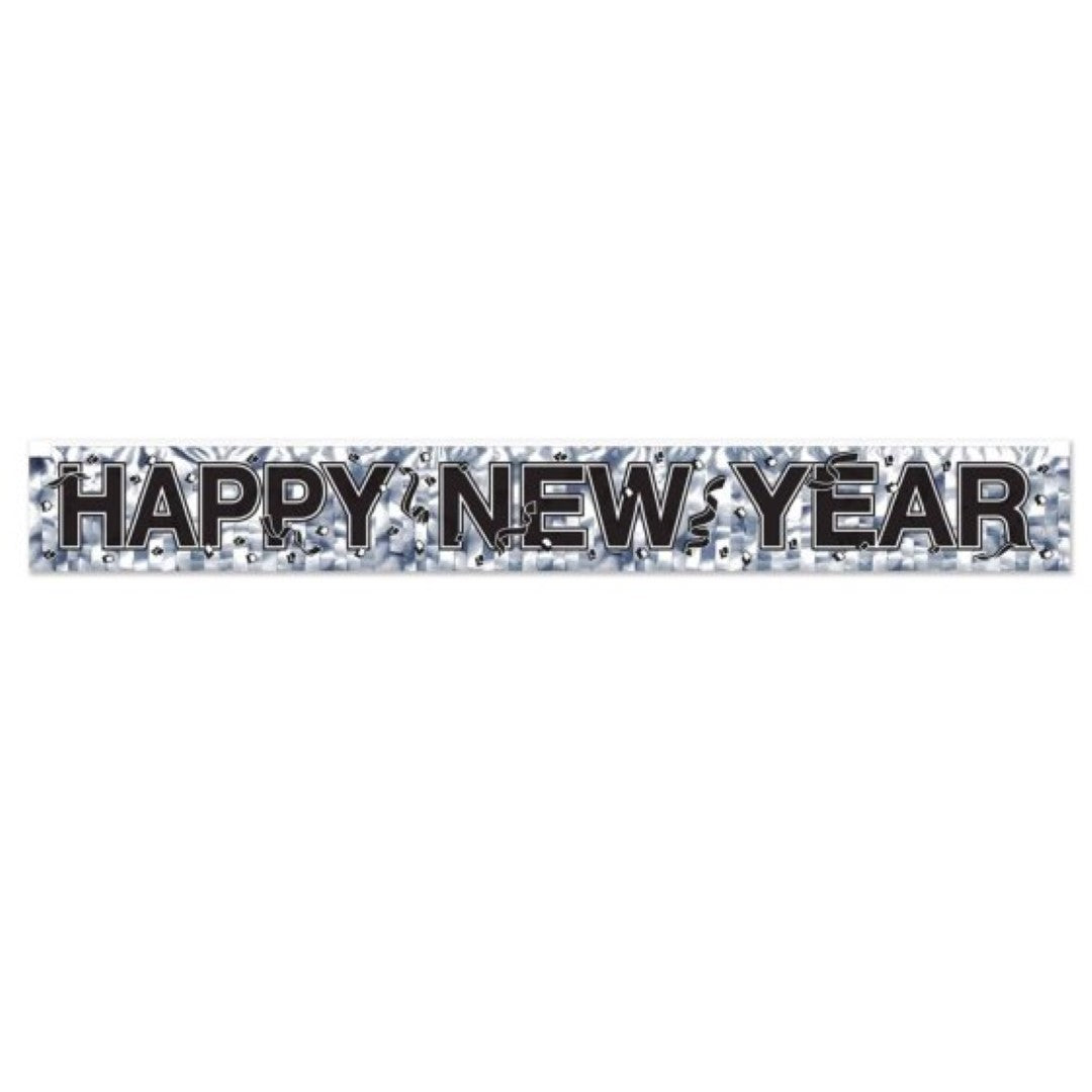 Silver fringe banner for New Year's celebration, measuring 9 inches tall by 6 feet long, adds elegance to any party.