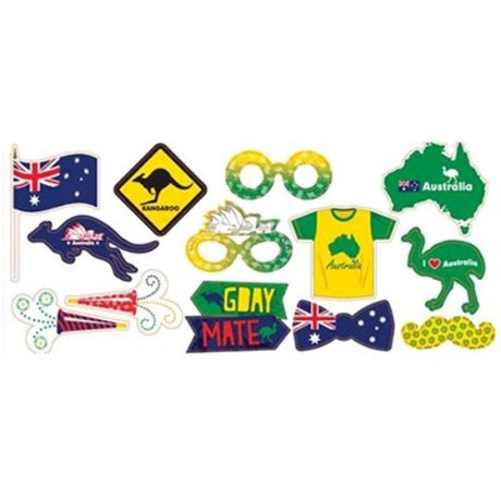 Vibrant Australian-themed photo props on sturdy sticks, perfect for celebrations and memorable moments. Pack of 13.