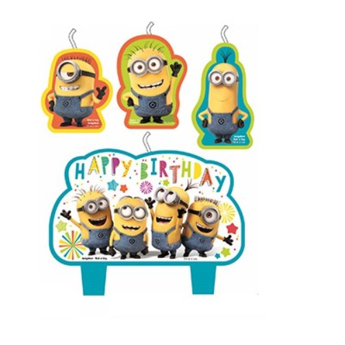 Colorful Despicable Me Minion candles set of 4, perfect for adding fun to birthday cakes and themed celebrations.