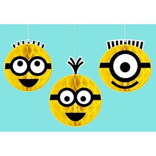 Vibrant Despicable Me Minion honeycomb decorations, pack of 3, perfect for parties and themed events.
