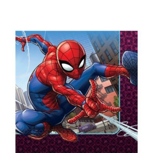 Spiderman-themed 2-ply luncheon napkins, 33cm x 33cm, pack of 16 for themed parties.