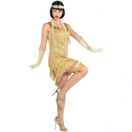 Champagne flapper dress with shimmer, tassels, and sequins, suitable for medium size 10-12.