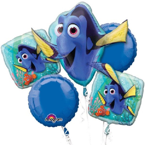 Finding Dory balloon bouquet with one shape balloon and four 45cm foil balloons, perfect for underwater theme parties.