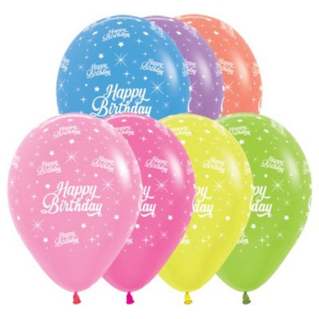 Vibrant 30cm neon birthday balloons in assorted colors, perfect for cheerful party decor and celebrations. Pack of 25.