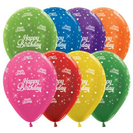 Vibrant 30cm metallic birthday balloons in assorted colors with twinkling stars, perfect for festive celebrations.