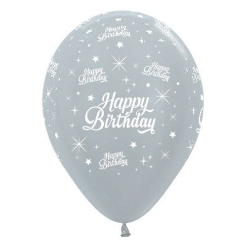 Pack of 25 silver metallic pearl latex balloons perfect for stylish birthday celebrations, durable and elegant.