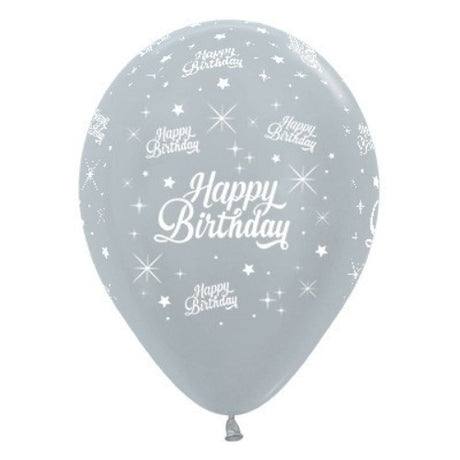 Pack of 25 silver metallic pearl latex balloons perfect for stylish birthday celebrations, durable and elegant.