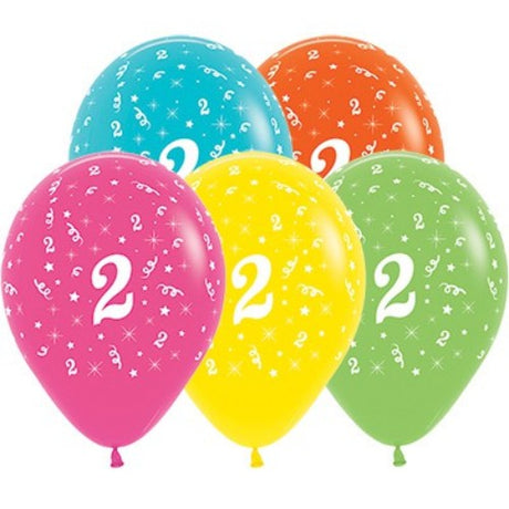 Colorful 30cm balloons for Age 2 tropical birthday parties, pack of 25, perfect for decor and celebrating milestones.