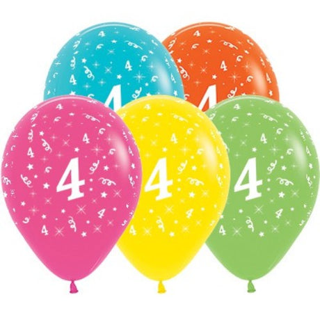 Vibrant pack of 25 tropical balloons featuring Age 4 designs, perfect for festive birthday celebrations and themed parties.
