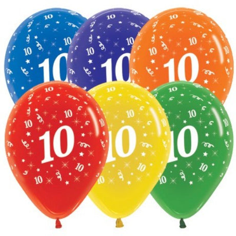 Vibrant pack of 25 latex balloons featuring Age 10 in jewel crystal finishes, perfect for birthday celebrations.