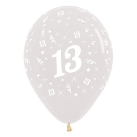 Pack of 25 crystal clear latex balloons featuring the age '13', perfect for milestone birthday celebrations.