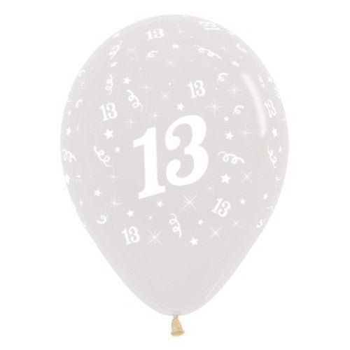 Pack of 25 crystal clear latex balloons featuring the age '13', perfect for milestone birthday celebrations.