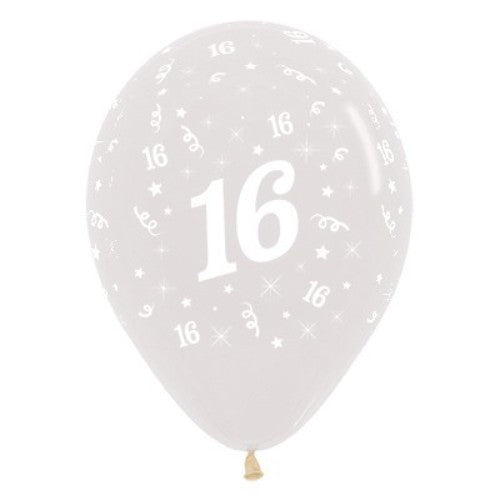 Pack of 25 Age 16 crystal clear balloons, perfect for elegant birthday celebrations and showcasing colorful confetti.