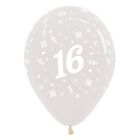 Pack of 25 Age 16 crystal clear balloons, perfect for elegant birthday celebrations and showcasing colorful confetti.