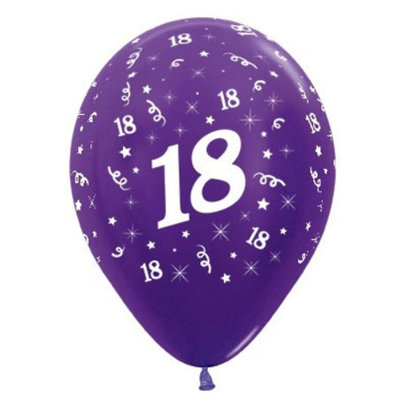Pack of 25 purple violet metallic pearl balloons celebrating age 18, perfect for birthday parties and elegant decor.