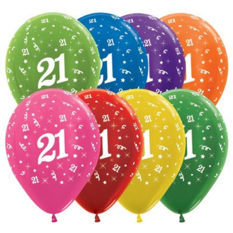 Pack of 25 metallic balloons featuring '21' design, perfect for vibrant 21st birthday celebrations.