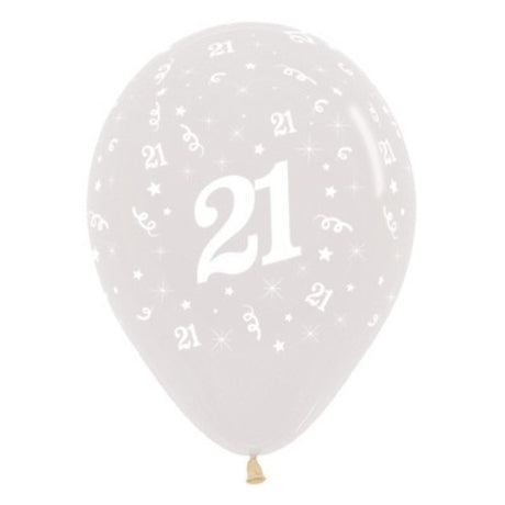 Pack of 25 crystal clear Age 21 balloons, 30cm, perfect for elegant birthday celebrations and party decorations.