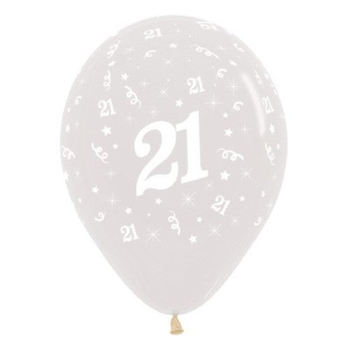 Pack of 25 crystal clear Age 21 balloons, 30cm, perfect for elegant birthday celebrations and party decorations.