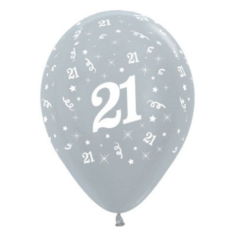 Pack of 25 silver metallic pearl balloons celebrating age 21, perfect for birthday decor and photo backdrops.