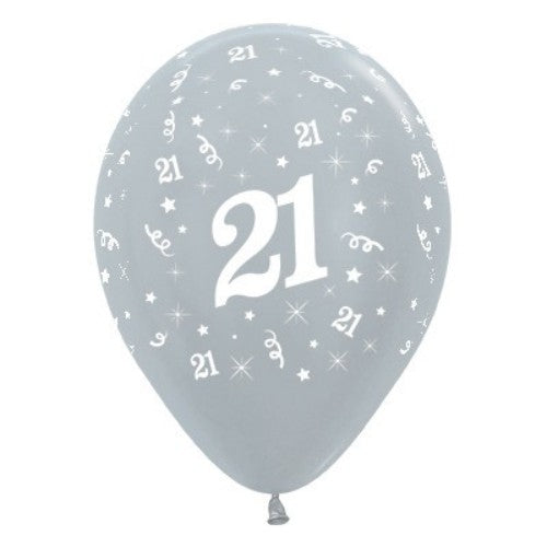 Pack of 25 silver metallic pearl balloons celebrating age 21, perfect for birthday decor and photo backdrops.