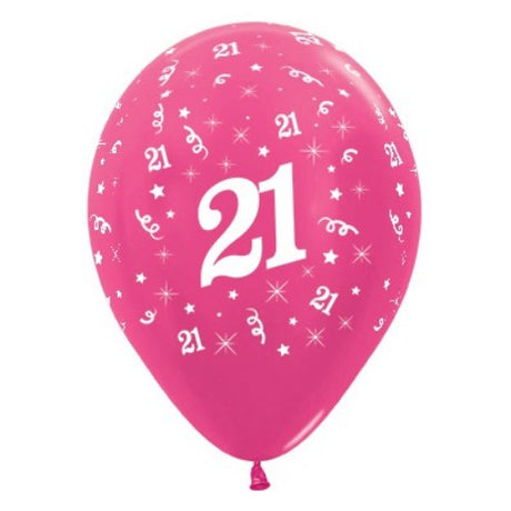 Pack of 25 fuchsia metallic pearl balloons for 21st birthday celebrations, adding elegance and fun to any party decor.