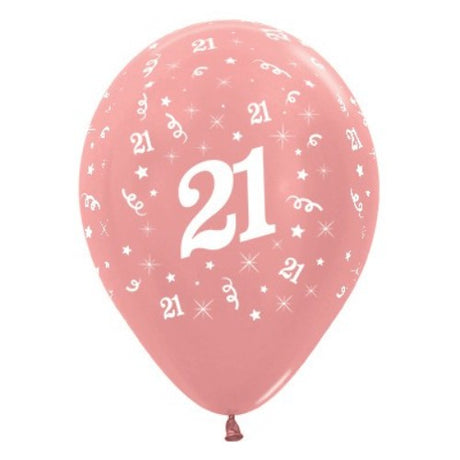 Pack of 25 rose gold metallic pearl balloons celebrating age 21, perfect for elegant birthday parties.