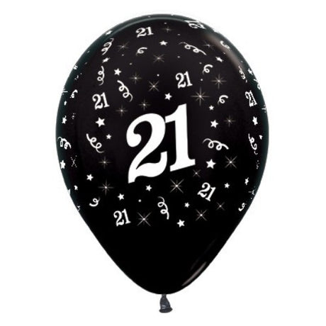 Black metallic pearl balloons featuring 'Age 21', perfect for elegant birthday celebrations, pack of 25.