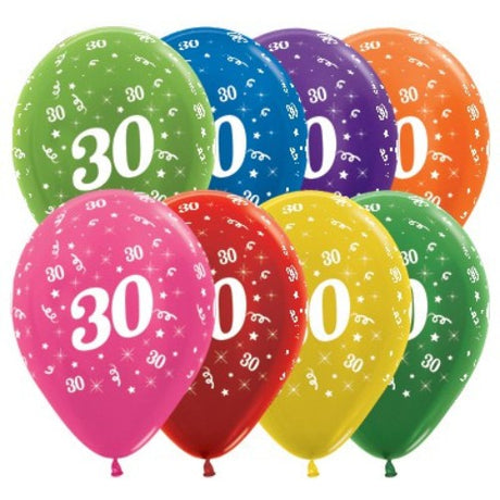 Pack of 25 metallic latex balloons celebrating age 30, perfect for festive birthday decor and vibrant celebrations.