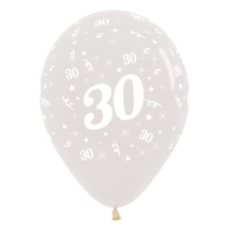 Pack of 25 crystal clear latex balloons featuring a jeweled age 30 print, perfect for 30th birthday celebrations.